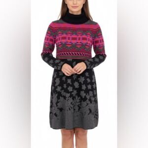Krimson Klover Pink Black Patterned Knit Turtleneck Sweater Dress S